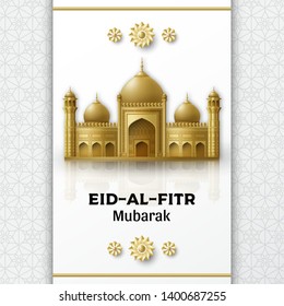 Eid Al Fitr Background. Festival of Breaking the Fast. Islamic Arabic mosque building. Greeting card. Vector illustration.