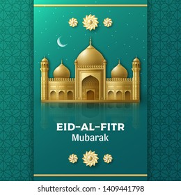 Eid Al Fitr Background. Festival of Breaking the Fast. Islamic Arabic mosque building. Greeting card. Vector illustration.