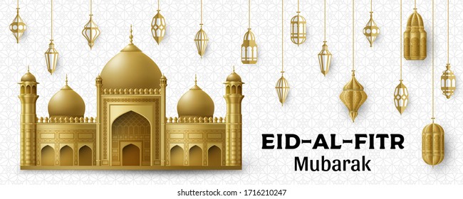  Fondo De Eid Al Fitr. Linterna árabe islámica y edificio de mezquita.Tarjeta de felicitación. Ilustración vectorial.