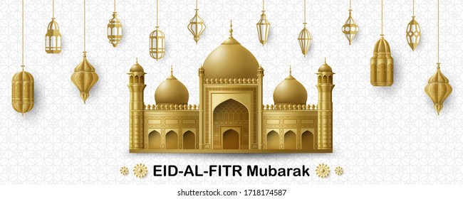 Eid Al Fitr Background. Islamic Arabic lantern and mosque building. Greeting card. Vector illustration.