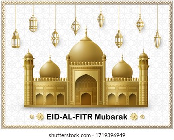 Eid Al Fitr Background. Islamic Arabic lantern and mosque building. Greeting card. Vector illustration.