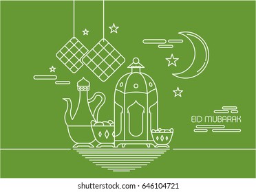 Eid Al Fitr background in mono line style with shadow for Eid and Ramadan mubarak Greeting card, invitation for muslim community. Vector illustration. Eps.10