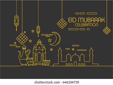 Eid Al Fitr background in mono line style with shadow for Eid and Ramadan mubarak Greeting card, invitation for muslim community. Vector illustration. Eps.10