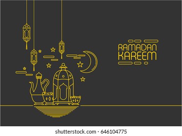 Eid Al Fitr background in mono line style with shadow for Eid and Ramadan mubarak Greeting card, invitation for muslim community. Vector illustration. Eps.10