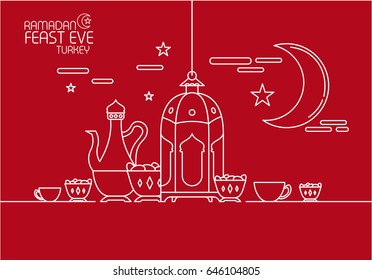 Eid Al Fitr Background In Mono Line Style With Shadow For Eid And Ramadan Mubarak Greeting Card, Invitation For Muslim Community. Vector Illustration. Eps.10