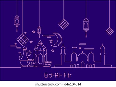 Eid Al Fitr background in mono line style with shadow for Eid and Ramadan mubarak Greeting card, invitation for muslim community. Vector illustration. Eps.10