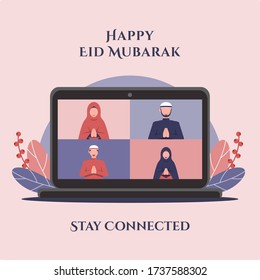 Eid Al Fitr Background With Muslim Family Celebrating Eid Mubarak By Using Online Video Call Via Laptop During Covid-19 Pandemic. Flat Style Vector Illustration For Banner And Poster.