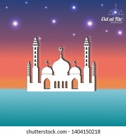Eid al fitr background with paper art or paper cut style with mosque and star and sky concept. can for use Web. banner. flyer. greeting card & Promotion template in Ramadan and eid al fitr