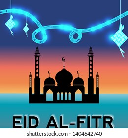 Eid al fitr background with paper cut style with Cooked rice covered with young coconut leaf (ketupat) and mosque. can for use Web. banner. flyer. greeting card & Promotion template in Ramadan 