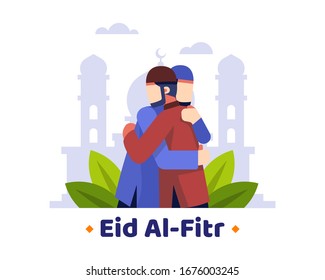 Eid Al Fitr Background With Two Muslims Hug Each Other Vector