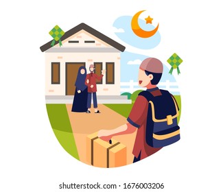 Eid Al Fitr Background A Young Boy Visits His Parents During Ramadan Holidays Background Illustration Vector