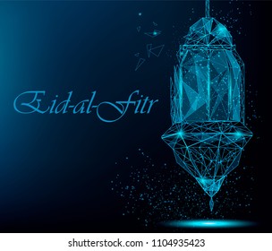 Eid Al Fitr bright greeting card with traditional Arabic lantern. Polygonal art on blue background. Usable for Eid Mubarak. Stock vector illustration