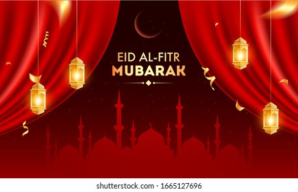 Eid Al Fitr Celebration Banner Design with Silhouette Mosque, Crescent Moon and Hanging Golden Illuminated Lanterns on Open Red Curtain Background.