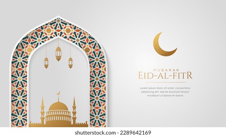 Celebración de Eid Al Fitr saluda antecedentes con adornos de mezquita y luna creciente