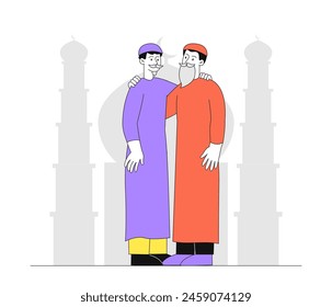 Eid al fitr celebration simple. Men in traditional islamic clothes near cityscape. Muslim people. East asian culture and architecture. Doodle flat vector illustration isolated on white background