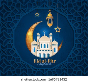 Eid al Fitr design concept marking the end of Ramadan and the Festival of Breaking the Fast in gold and midnight blue with text, vector illustration