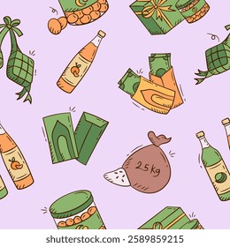 Eid al fitr doodle background. Seamless pattern of Ramadan and eid mubarak hand drawn illustration. Containing ketupat, money, envelope, gift, rice, package, food parcel and flavored syrup.