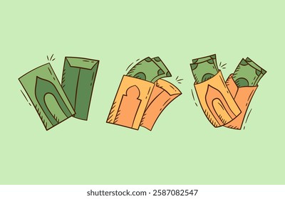Eid al fitr doodle icon collection. Ramadan and eid mubarak celebration hand drawn illustration set. Containing cash money, envelope, and gift.