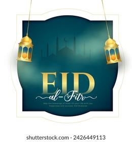 eid al fitr eve holiday background with realistic lantern vector (Translation of Eid Al Fitr is Festival of breaking ramadan fast)