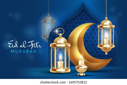 Eid al Fitr, or Festival of Breaking the Fast. card or poster design to mark the end of Ramadan over a midnight blue background, vector illustration