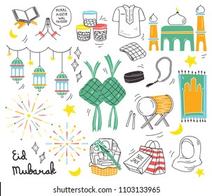 Eid al fitr festival in doodle style vector illustration, idul fitri celebration in indonesia