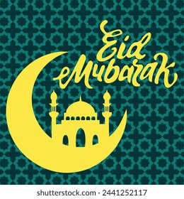 Eid Al Fitr | Flat Greeting Card for social media and corporate companies | Translation of Arabic text: "Blessed Feast or Festival" | Eid Mubarak Trendy Vector Design | Muslim Festival
