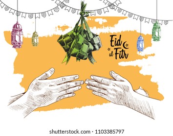 Eid al fitr free hand drawing sketch of ketupat, hand forgive concept, lantern and ribbon on yellow background. Vector illustration for ramadan poster, flyer, greeting card, banner and template