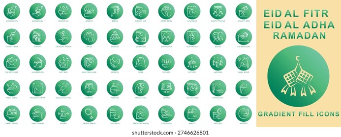 Eid Al - Fitr Gradient Fill icons set. contain almsgiving, dua prayer, eid envelope, bedug, cookies, donation, charity, arom oil and more. Vector for modern concept, print, UI, UX kit, web and app development.
