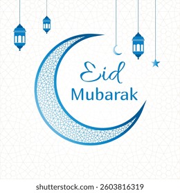Eid al - Fitr Graphic Design with Crescent Moon, Hanging Lanterns, Stars and “Eid Mubarak” Greeting