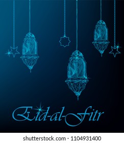 Eid Al Fitr greeting card with hanging traditional Arabic lanterns and stars. Polygonal art on blue background. Usable for Eid Mubarak. Stock vector