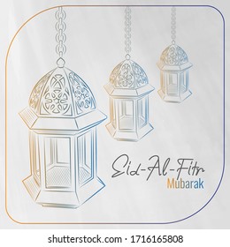 Eid al fitr greeting card with hand drawn arabic lamp background