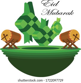 Eid Al Fitr greeting card Vector Design Celebration, Vector ketupat with Islamic pattern as background. Vector Design Celebration of Breaking Fast