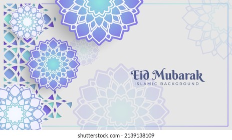 Eid al Fitr greeting card banner with beautiful flowers decoration on the white background. Islamic celebration template with Arabic ornament and mandala. Bright abstract background