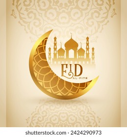 eid al fitr greeting card with 3d golden crescent design vector (Translation of Eid Al Fitr is Festival of breaking ramadan fast)