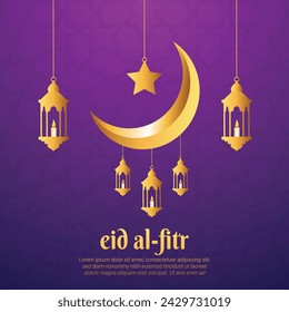 Eid al Fitr greeting card with crescent moon and lanterns