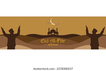 Eid Al Fitr greeting illustration. Men praying for eid mubarak with desert, mosque, moon and clouds as background. Arabic decoration in Eastern style. islamic muslim background.