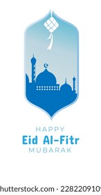 Eid al fitr greeting with mosque and ketupat in vertical format for social media status or story. May Allah accept from us and from you. 