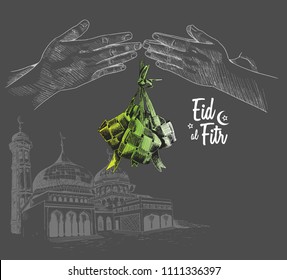 Eid al Fitr hand drawing sketch of hand forgive concept and colored ketupat grey background. Vector illustration for ramadan poster, flyer, greeting card, banner and template
