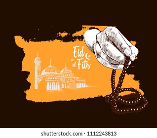 Eid al Fitr hand drawing sketch of hand praying with tasbih orange background. Vector illustration for ramadan poster, flyer, greeting card, banner and template