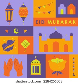 Eid Al Fitr holiday poster. Eid Mubarak greeting card design. Ramadan celebration geometric flat vector illustration.