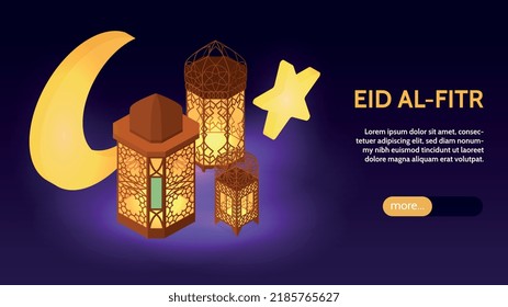 Eid al fitur horizontale farbige Banner, das Ende des ramadan Monat lang schnell von Morgengrauen bis dunkel isometrische Vektorgrafik