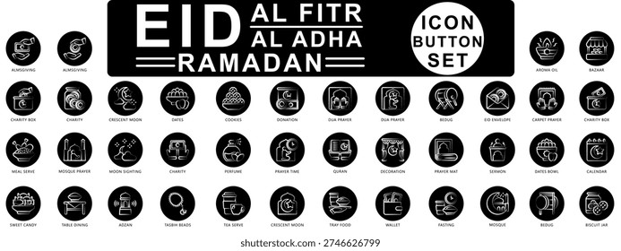 Eid Al - Fitr Icon Button icons set. contain almsgiving, dua prayer, eid envelope, bedug, cookies, donation, charity, arom oil and more. Vector for modern concept, print, UI, UX kit, web and app development.
