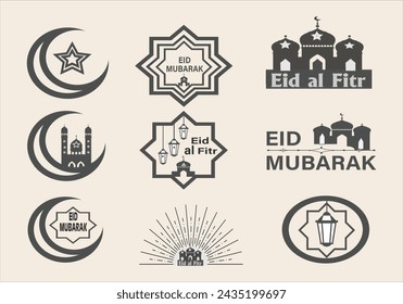 Eid al Fitr icons set with star lamp and mon bundle vector