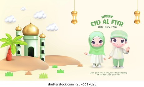 Eid Al Fitr illustration concept with 3d cute character Muslim Boy and Girl. Eid Mubarak design suitable for greeting card, flyer, web banner.