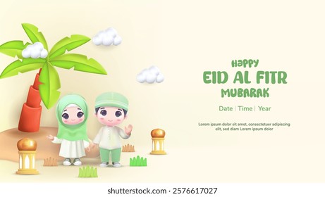 Eid Al Fitr illustration concept with 3d cute character Muslim Boy and Girl. Eid Mubarak design suitable for greeting card, flyer, web banner.