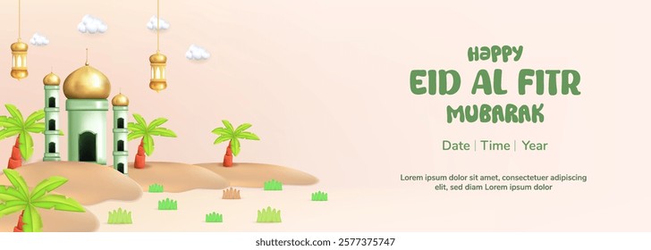 Eid Al Fitr illustration concept with 3d cute character Muslim Boy and Girl. Eid Mubarak design suitable for greeting card, flyer, web banner.