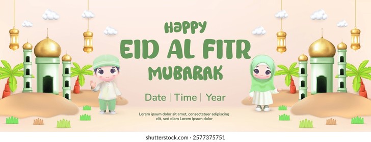 Eid Al Fitr illustration concept with 3d cute character Muslim Boy and Girl. Eid Mubarak design suitable for greeting card, flyer, web banner.