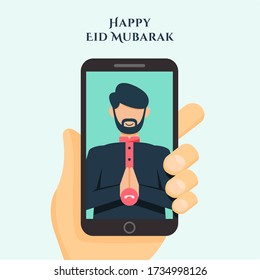 Eid al fitr illustration with a muslim man celebrating eid mubarak by using video call through smartphone during covid-19 pandemic. Flat style vector illustration for banner and poster.
