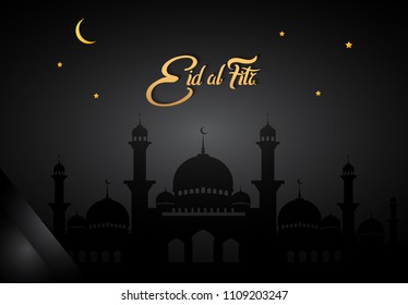 Eid Al Fitr Islamic Design With Golden Color, Black Mosque On Black Background. Vector Illustration For Holy Month Ramadan Celebration.