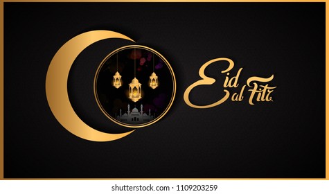 Eid al Fitr islamic design with moon, lantern on circle on black background. vector illustration for holy month ramadan celebration.